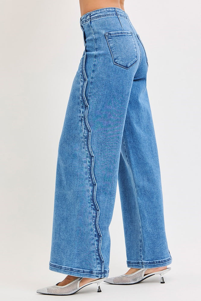 Risen High Rise Wide Leg Jeans with Scalloped Edge Detail