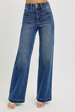 Risen High Rise Wide Double Waist Band Jeans w/ Tummy Control