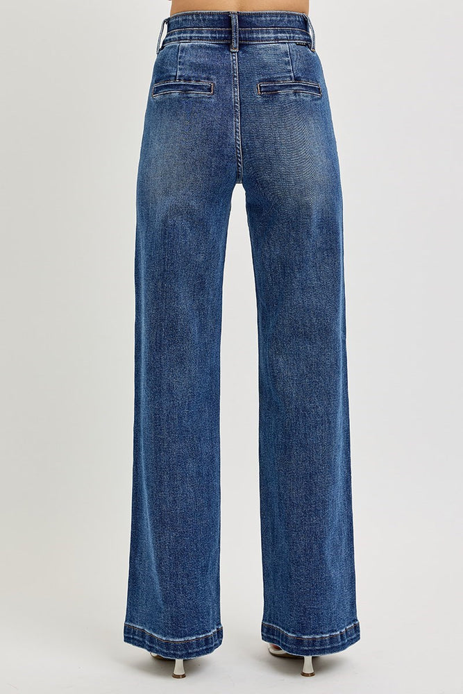 Risen High Rise Wide Double Waist Band Jeans w/ Tummy Control