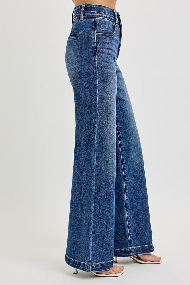 Risen High Rise Wide Double Waist Band Jeans w/ Tummy Control