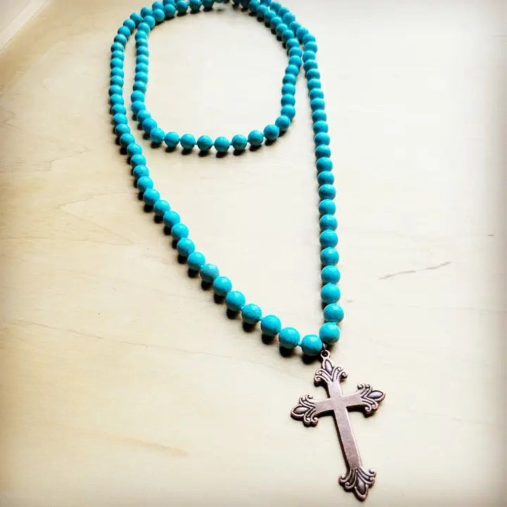 Long Turquoise Beaded Necklace | Copper Cross