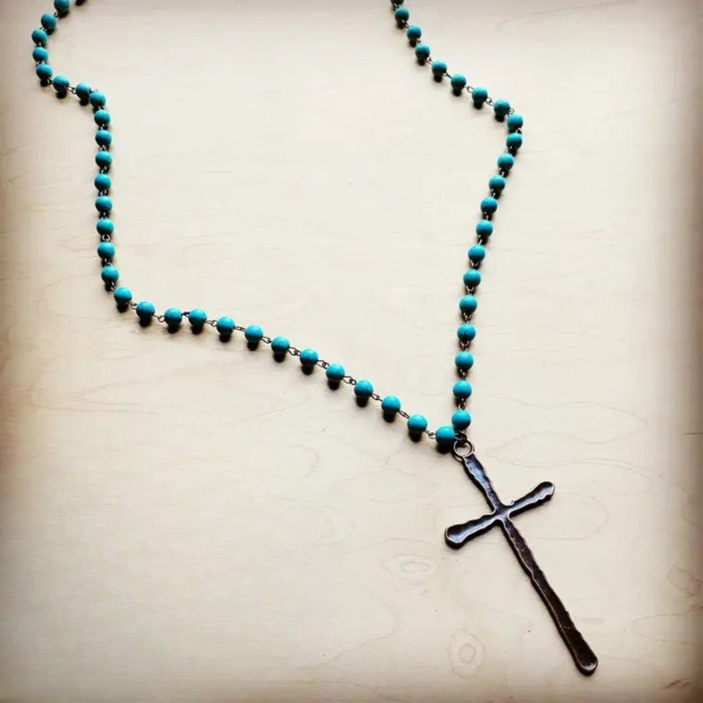 Turquoise Long Beaded Necklace | Antique Copper Cross