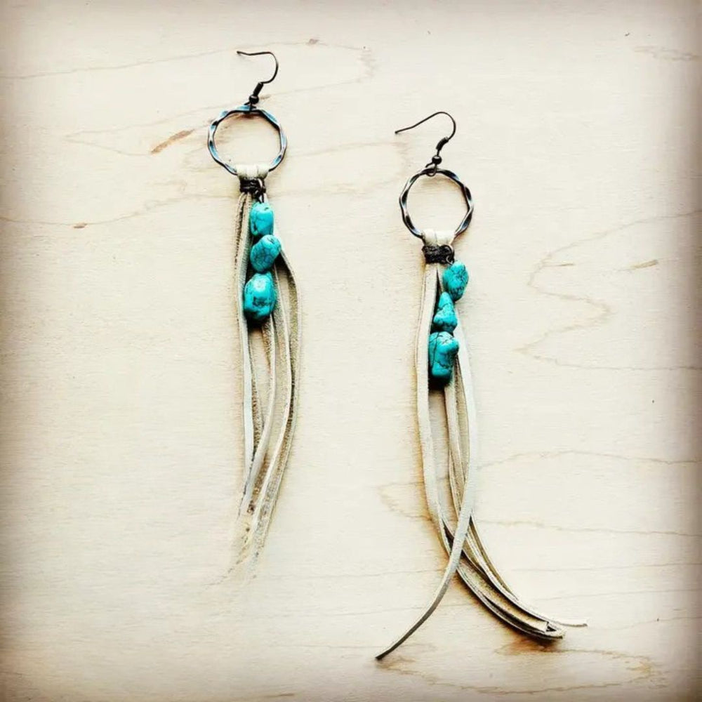 Leather Fringe Earrings With Turquoise Chunks