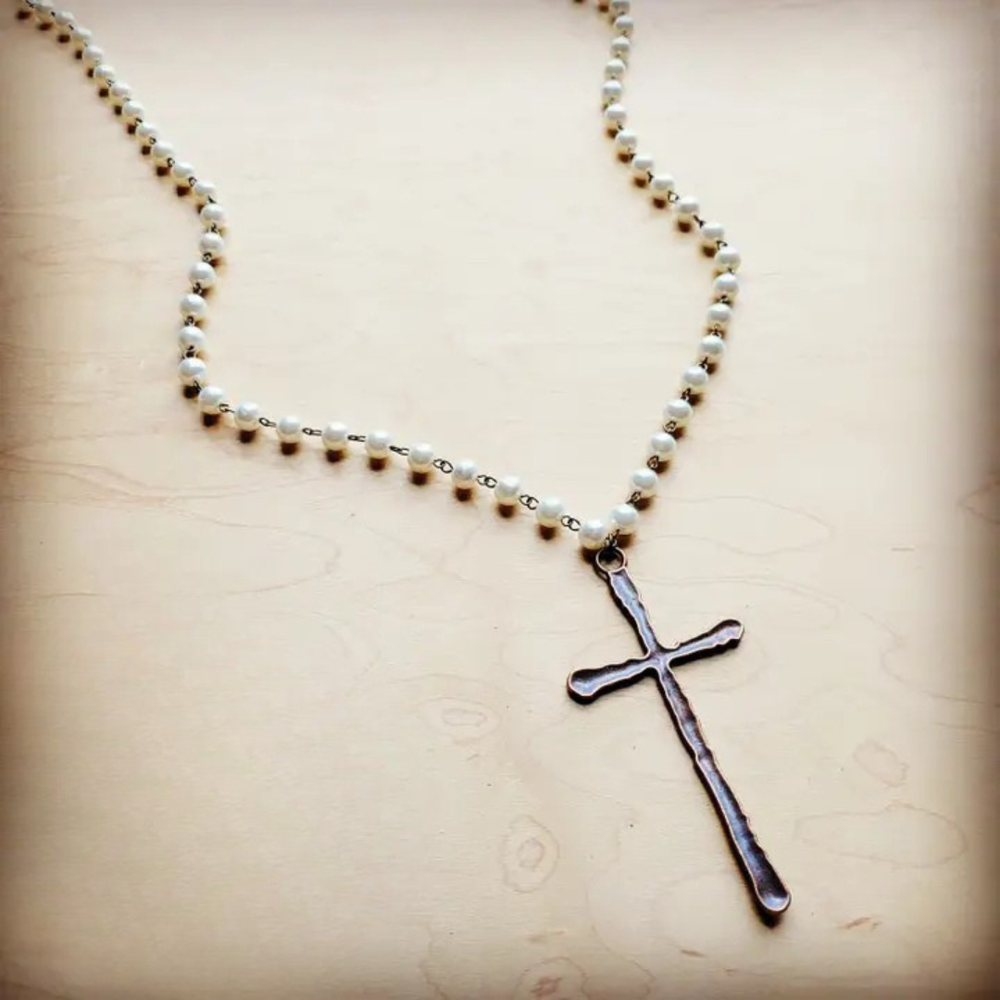 Pearl Long Beaded Necklace | Antique Cross