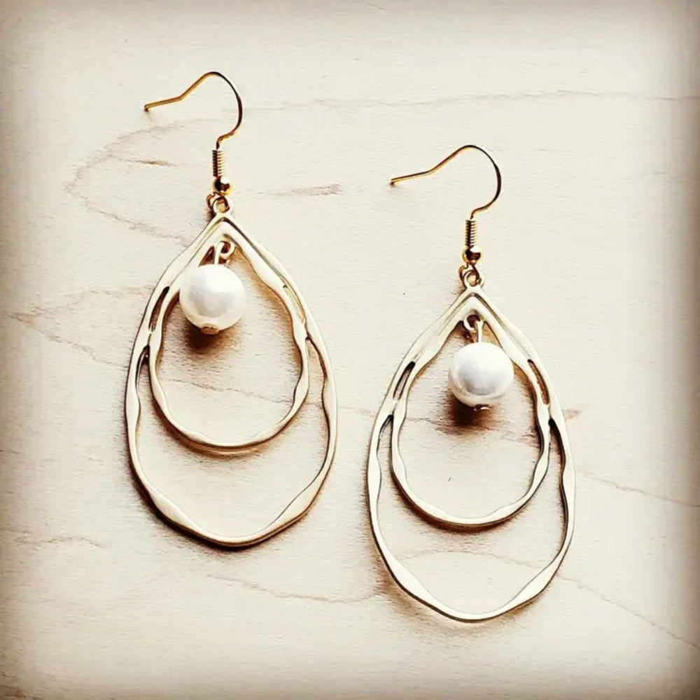 Matte Gold Double Hoop Earrings | Pearl Dangle