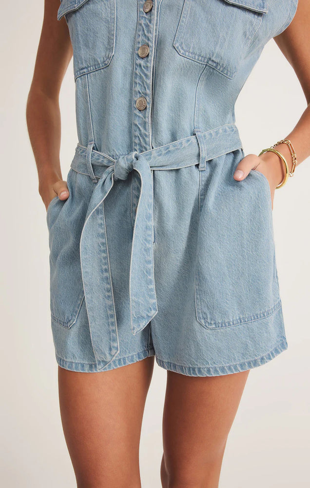 Z Supply Dash Twill Romper | Light Vintage Indigo