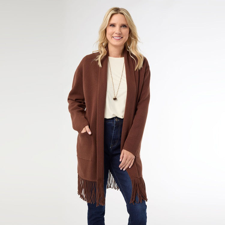 Heavenly Luxe Mid Length Cardigan with Fringe | Chocolate
