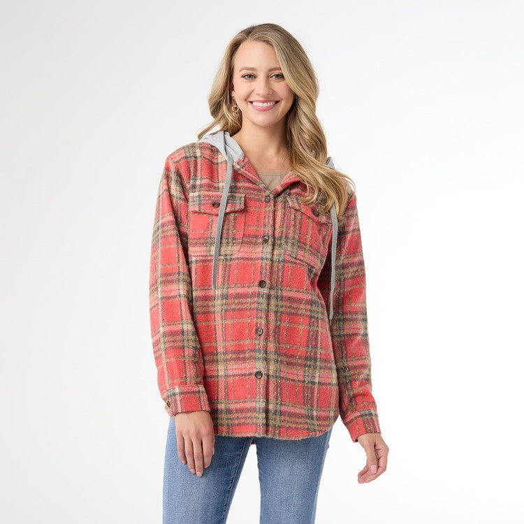 Quinn Hooded Plaid Shacket | Salmon Red