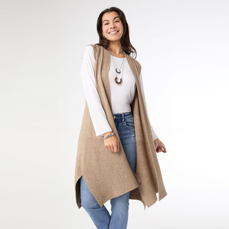 Heavenly Luxe Contrast Rib Vest with Pockets | Beige Heather