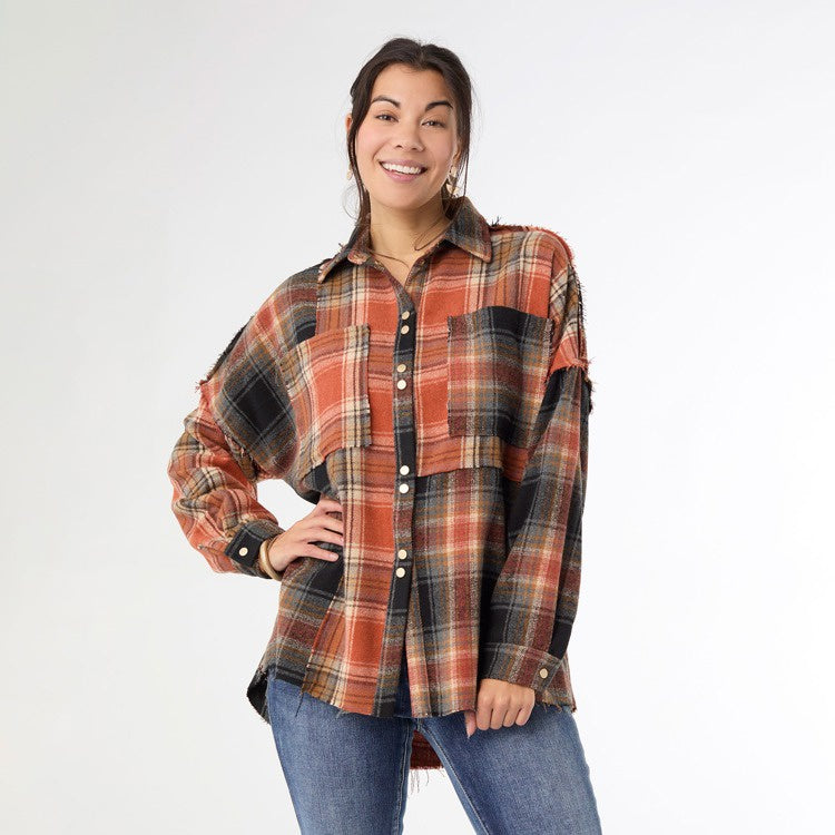 Lizzi Raw Trim Pieced Flannel Top | Rust