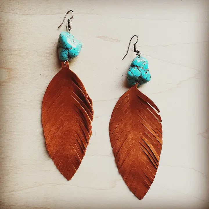 Tan Suede Feather Earrings | Turquoise Chunks