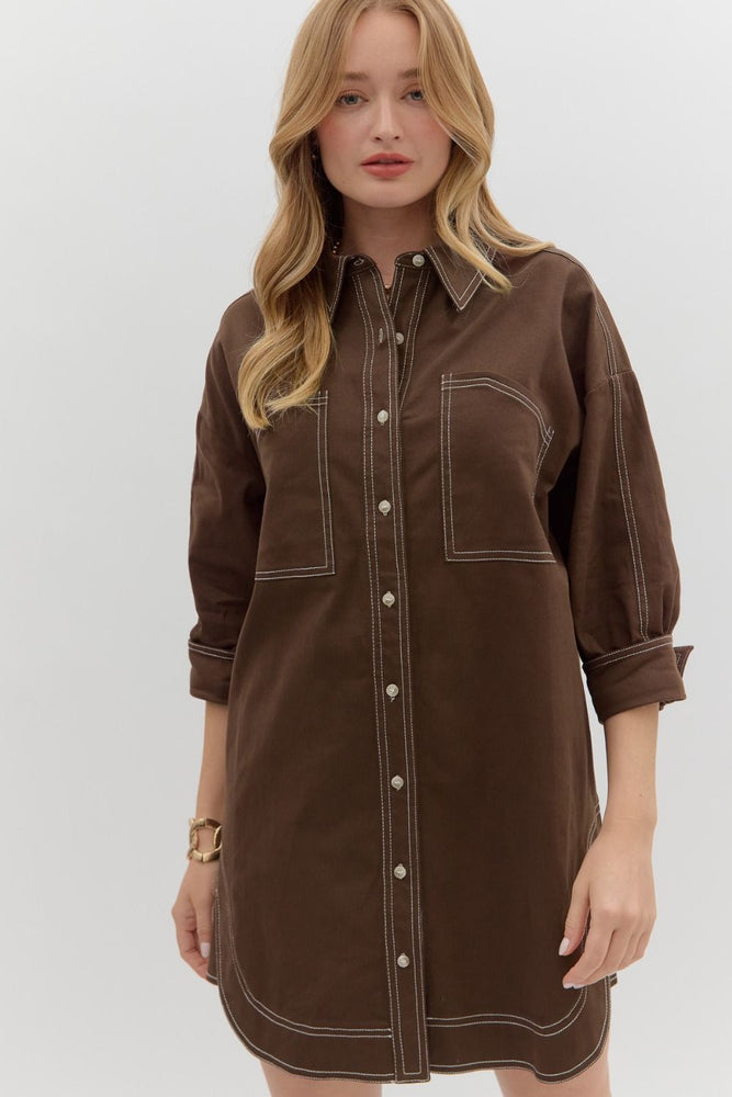 Solid Cuff Band ¾ Sleeve Shirt Dress | Brown