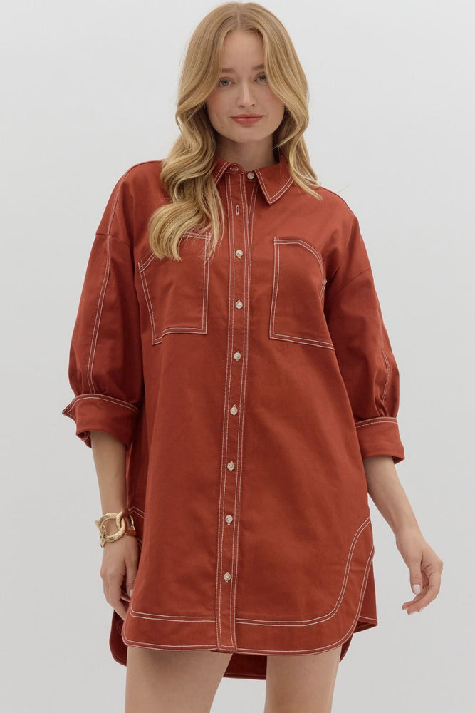 Solid Cuff Band ¾ Sleeve Shirt Dress | Rust