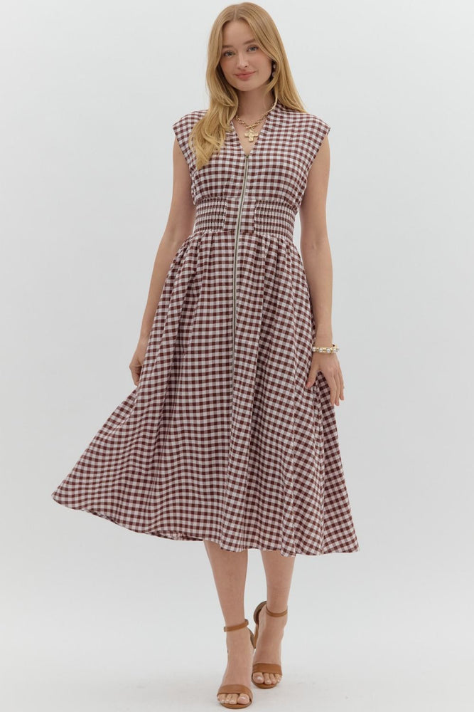 Gingham Pattern V-Neck Sleeveless Midi Dress