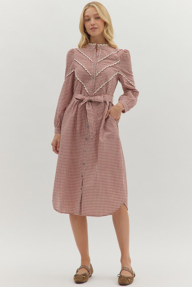 Gingham Scallop Detail Midi Dress | Burgundy