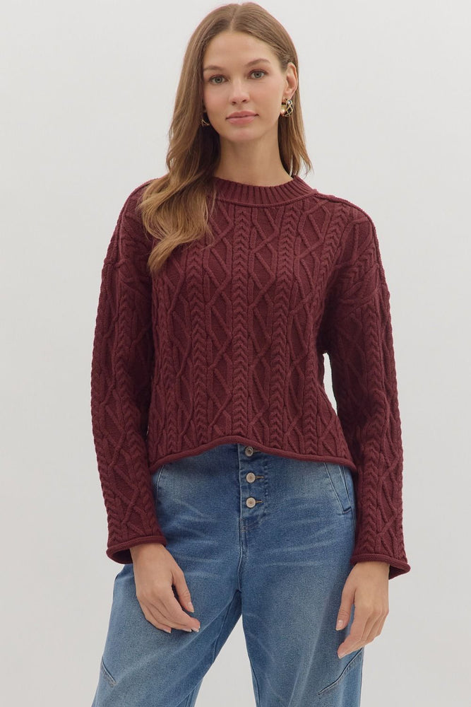 Cable Knit Crop Sweater | Wine