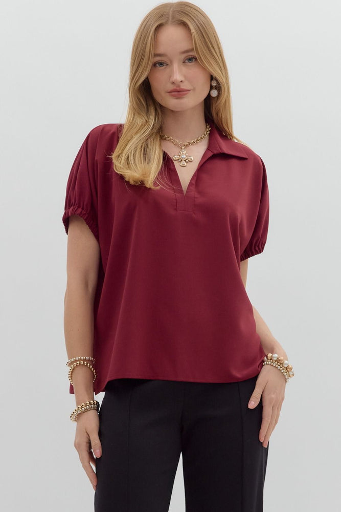Short Sleeve Split Collar Top | Burgundy