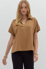 Short Sleeve Split Collar Top | Camel