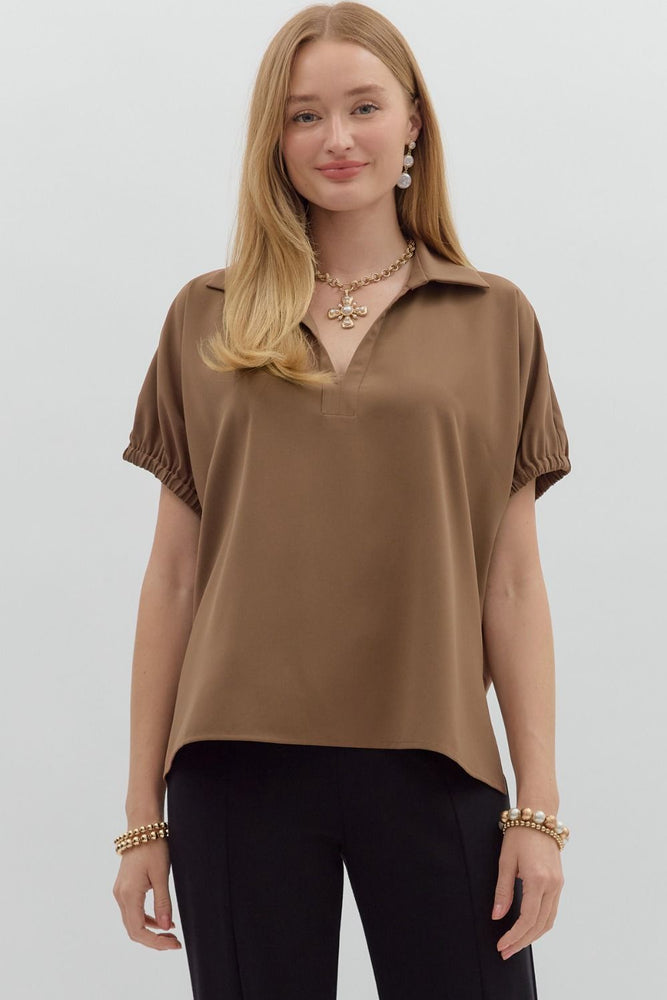 Short Sleeve Split Collar Top | Mocha