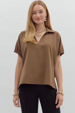 Short Sleeve Split Collar Top | Mocha