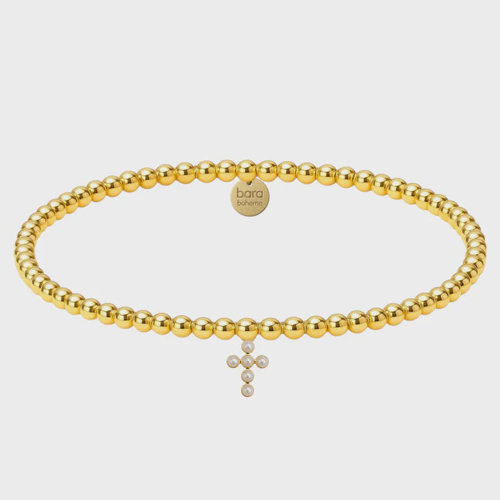 Mini Rachel Pearl Cross | 14K Gold Ball Bead