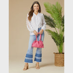 OMG Zoey Zip Flare Ankle Jeans with Contrast Tier Bottom